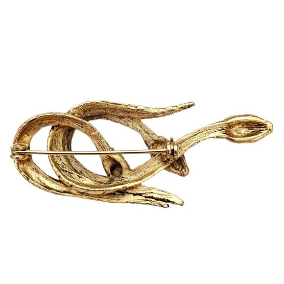 Gold Tone Snake Trio Brooch Vintage Green Rhinestone Pin - Picture 5 of 8